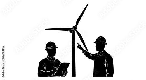 Two workers inspect a wind turbine with one holding a clipboard