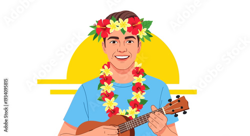 Joyful Man Playing Ukulele, Adorned with Hawaiian Lei & Floral Crown - Tropical Summer Music Illustration