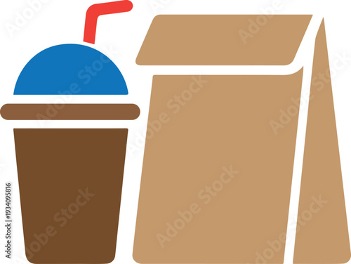 Fast Food Takeaway Vector Icon, Brown Paper Lunch Bag and Soft Drink Cup with Straw on White Background