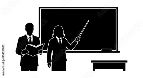 Business people standing in front of a classroom blackboard illustration