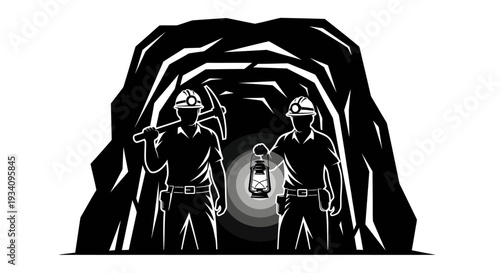 Two miners explore a dark tunnel with a lamp.