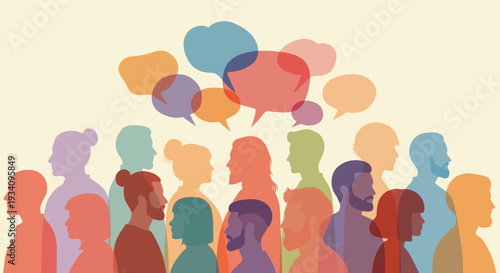 Diverse Community Communication: Colorful People Silhouettes with Speech Bubbles for Social Dialogue, Idea Exchange & Group Discussion
