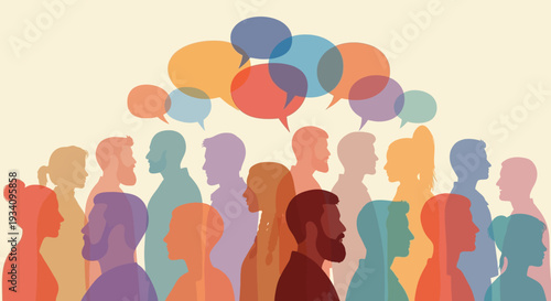 Diverse Community Communication: Group Conversation with Colorful Speech Bubbles & Social Interaction