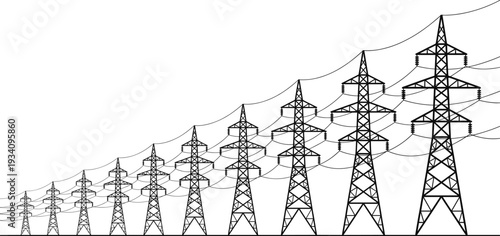 High voltage transmission towers in perspective row, black and white vector illustration of electric power lines and national grid infrastructure