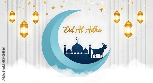 Eid mubarak islamic celebration background with crescent moon and mosque