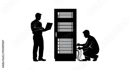 Two men working on server with laptop and cables in data center environment