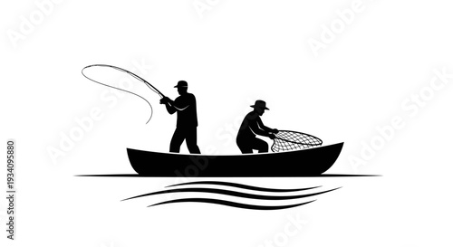 Two men fishing on a boat in calm waters with nets and rods