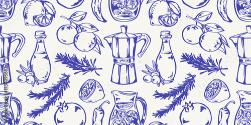 Seamless mediterranean pattern with lemons, oranges, olives, rosemary sprigs, bottles of olive oil, moka pot coffee maker and citrus pitchers. Perfect for wallpaper, fabric and packaging for branding.