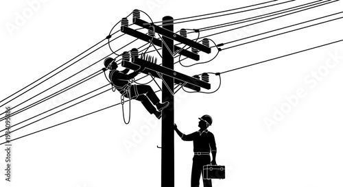 Electrician working on power lines at a utility pole with briefcase