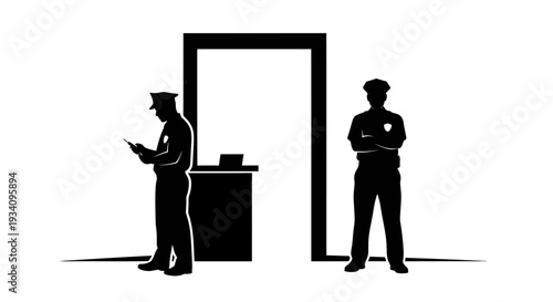 Two police officers standing near an open doorway with one checking documents