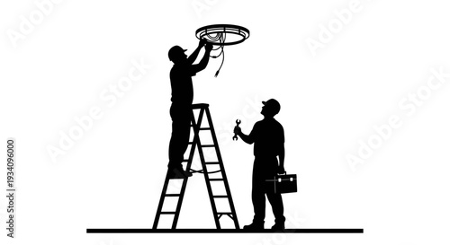 Two workers install satellite on ladder with tools