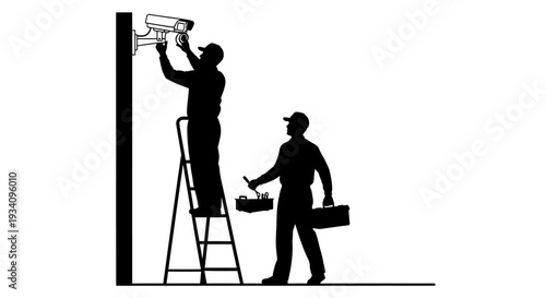 Two workers installing security camera on wall with ladder and tools