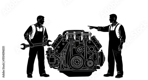Two mechanics examine and discuss a large engine together