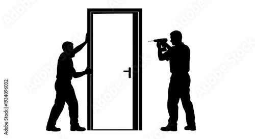 Two workers installing a door with tools in a construction site