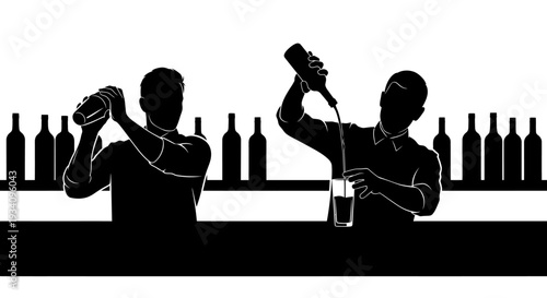 Two bartenders expertly prepare and serve drinks at a counter with bottles