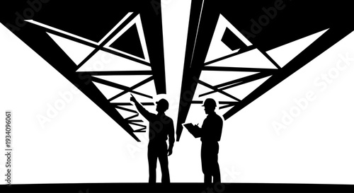 Two businessmen discuss plans in a modern architectural environment with geometric shapes