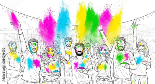 Joyful Holi Festival Celebration: Diverse Friends Splashing Vibrant Colors and Powder