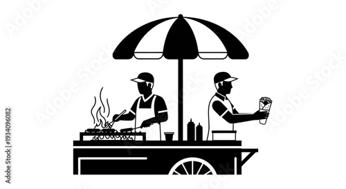 Two vendors cooking and serving food under a large umbrella cart