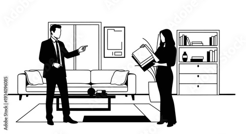 Man and woman discussing documents in a modern living room interior