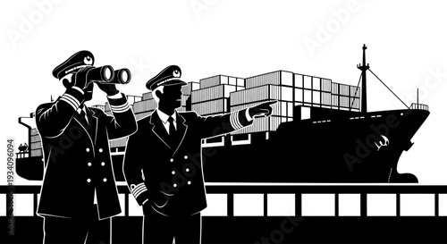 Two sailors observing a large cargo ship from a dock