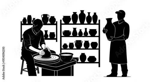 Two people working with pottery in a studio with shelves