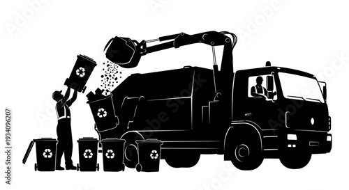 A worker pours oil drums into a large truck on a roadside industrial site