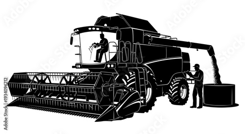 A combine harvester operates in a field with two workers nearby outdoors