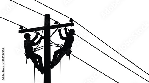 Two electricians repairing power lines on utility pole, silhouette vector illustration of electrical maintenance and overhead distribution work