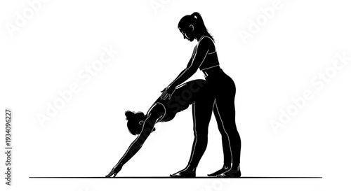 A woman stretches her leg in a fitness routine on a gym floor with equipment