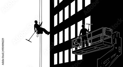 Workers on scaffolding and rope access equipment clean windows high-rise building exterior