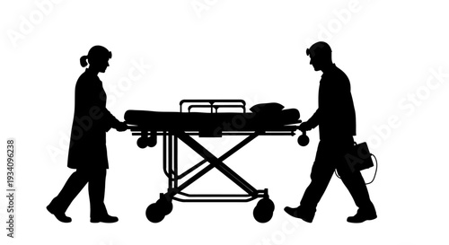 Medical staff transporting patient on stretcher through hospital corridor quickly