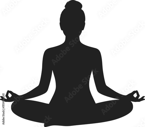 Silhouette of woman sitting cross-legged in meditation pose with bun hairstyle and mudra gesture, yoga illustration symbolizing mindfulness, calmness, wellness, and inner peace design