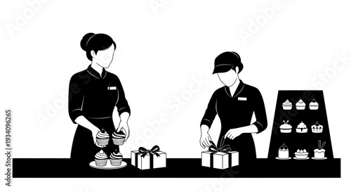 Two people preparing gifts at a counter with a display