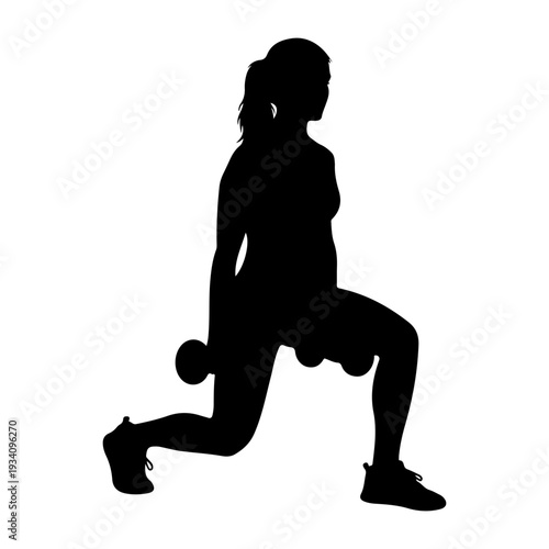 Woman lunging with dumbbells, fitness workout, silhouette vector illustration