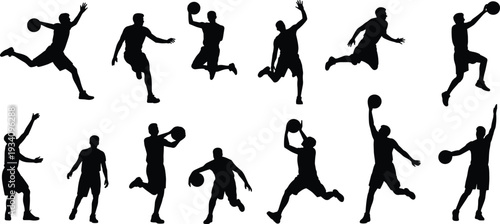 Silhouettes of basketball players in dynamic action poses, dribbling, shooting, dunking, and jumping, showcasing athletic energy, teamwork, and sports creativity for design projects.