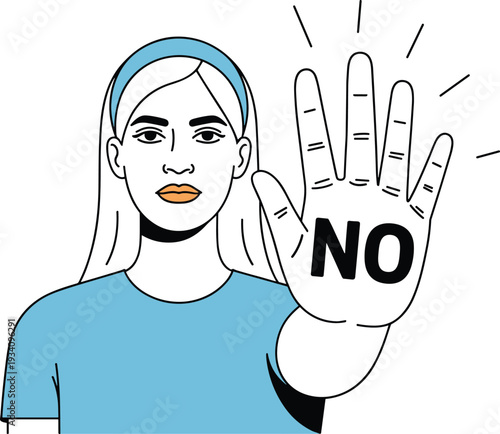 Woman showing stop gesture with hand saying NO, refusal expression concept, protest sign illustration, empowerment and rejection message artwork