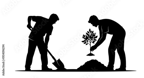 Two men planting a tree in the ground with a shovel