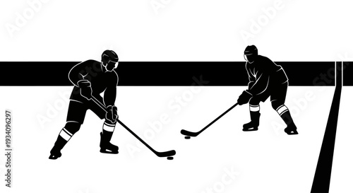 Two hockey players compete for the puck on the ice rink surface
