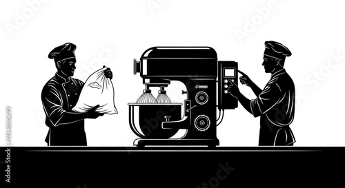 Two chefs prepare ingredients next to a large industrial mixer machine