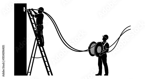 Two workers on a ladder installing cables on a wall outdoors