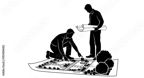Two workers collaborating on a city plan with a map and plants nearby