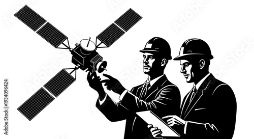 Two engineers in hard hats inspect a satellite model together outdoors