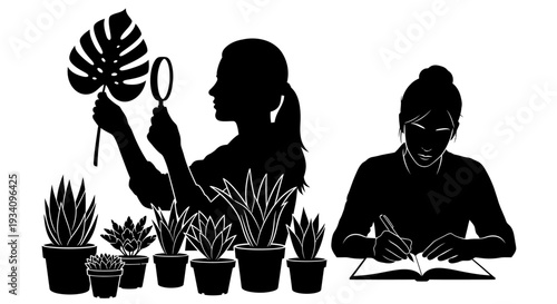 Woman examines plant leaf next to another woman writing in notebook among potted plants indoors