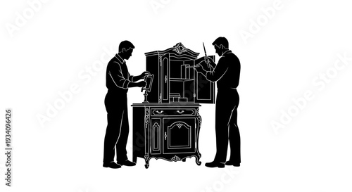 Two men are assembling a large piece of furniture in a workshop.