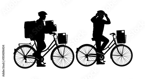 Two bicycle delivery people ride bikes with food containers in urban setting