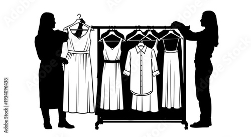Two women interact with a clothing rack displaying various dresses