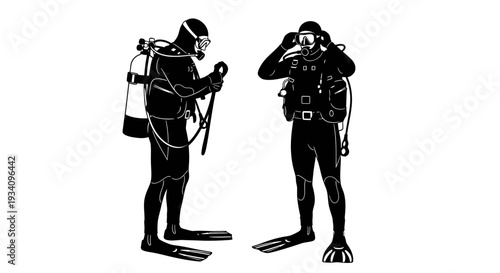 Two scuba divers prepare equipment on land with flippers and gear