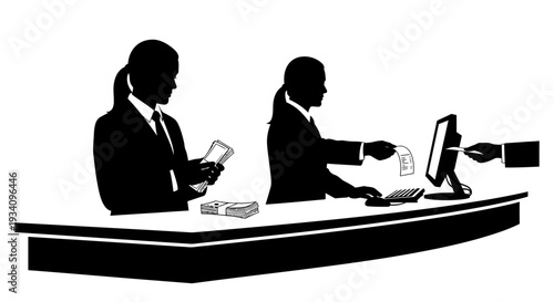 Two businesspeople working at a desk with computer and documents