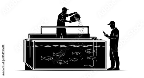 Two men interact with a large fish tank indoors with illustrations