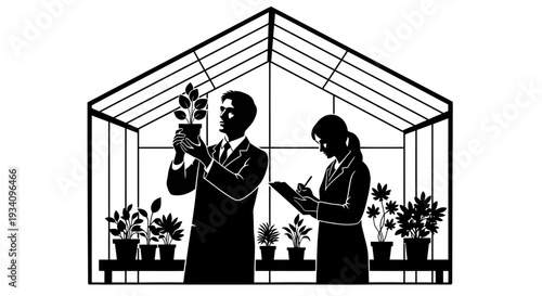 Two people in a greenhouse examining plants with care and attention